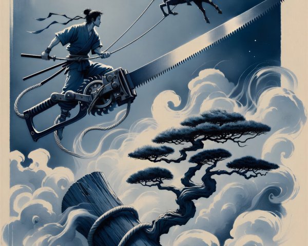 Warrior with Chainsaw on Log Surrounded by Clouds