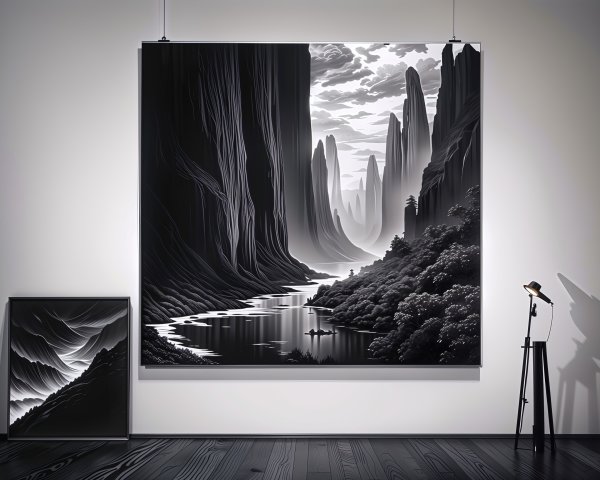 Black and White Landscape Painting of River and Mountains