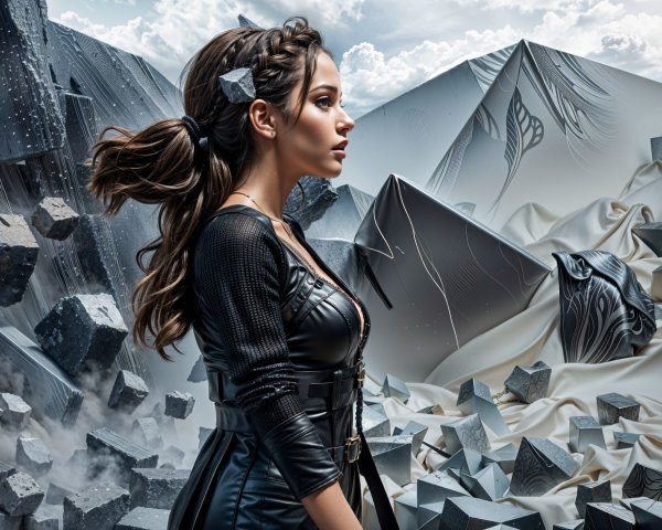 Young Woman in Black Outfit Against Surreal Backdrop