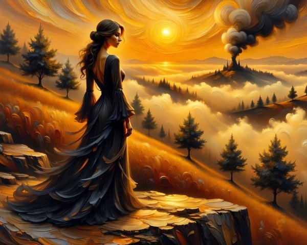 Woman in Black Gown Overlooking Sunset Landscape