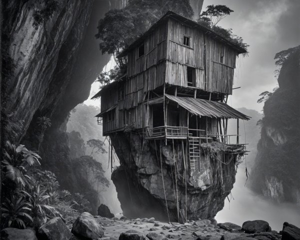 Rustic Wooden House on Rock Formation in Black and White