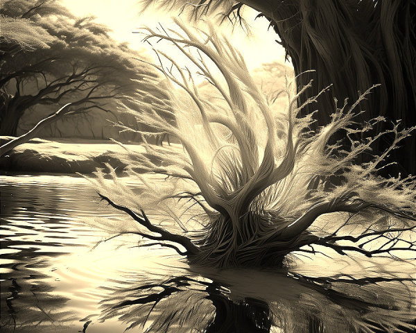 Serene Landscape with Ethereal Trees and Water Reflection