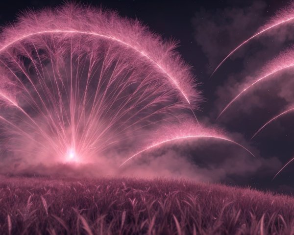 Vibrant Pink Fireworks Illuminate Dark Sky and Clouds