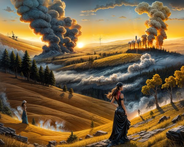 Women in Vintage Dresses Overlooking Industrial Landscape