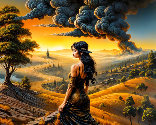 Sunset Landscape with Woman in Black Dress and Smoke