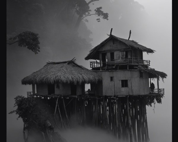 Black and white image of stilt houses in misty landscape