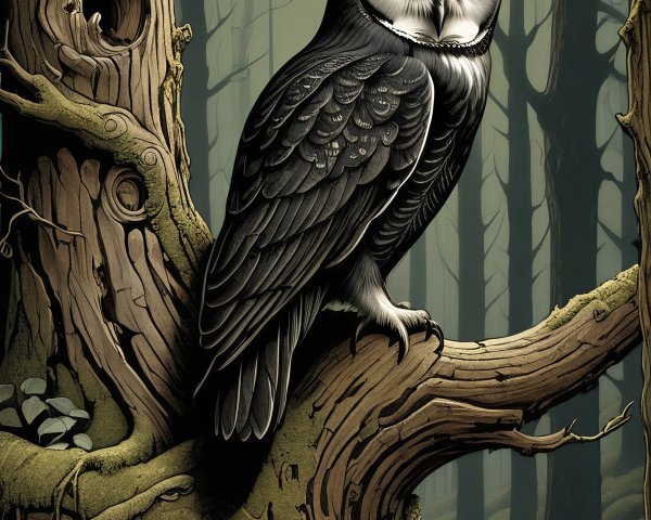 Majestic owl on mossy branch in moonlit forest