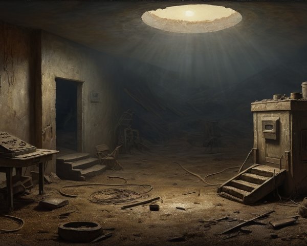 Abandoned Room with Circular Ceiling Opening and Debris