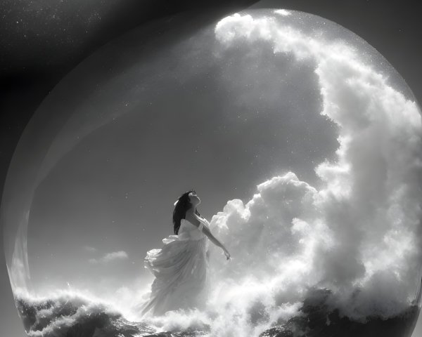 Surreal Scene of Woman in Sphere Amidst Ocean Waves