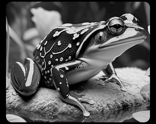 Black-and-White Image of a Frog on Mossy Surface