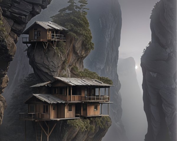 Rustic Wooden Houses on Steep Cliffs with Valley Views