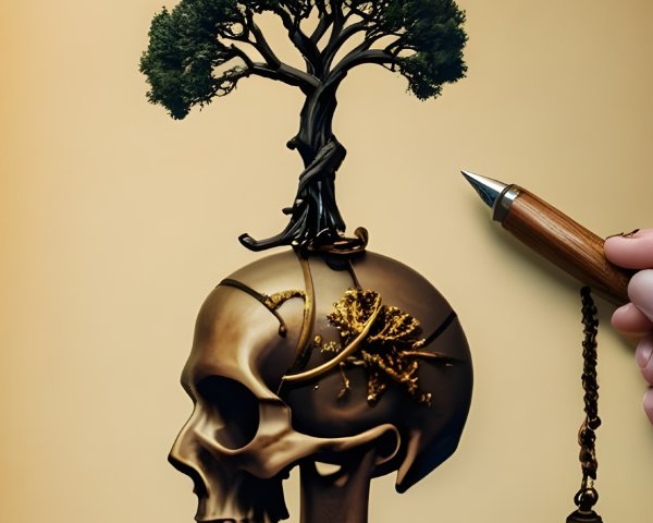 Surreal Skull and Tree Composition with Ornate Details