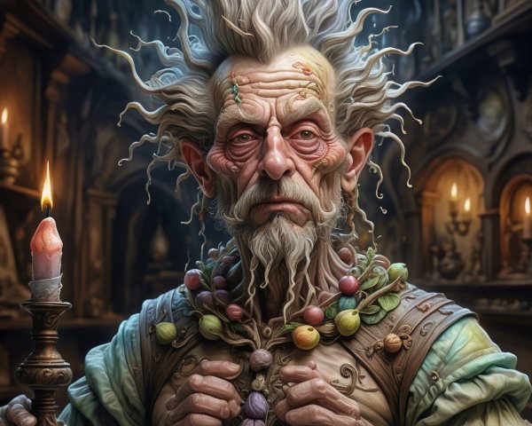Elderly man with white hair and mystical artifacts