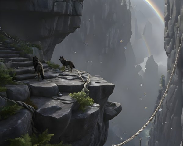 Wolves on Rocky Terrain with Rainbow and Misty Abyss