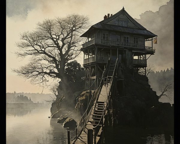 Rustic wooden house on rocky outcrop with misty waters