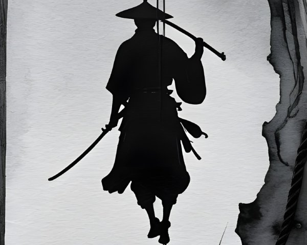 Silhouetted Samurai Figure Near Glowing Light Bulb