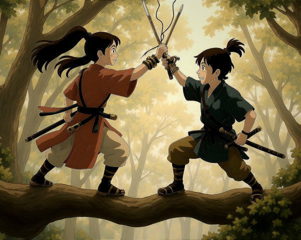 Young Warriors Sparring on Tree Branch in Forest