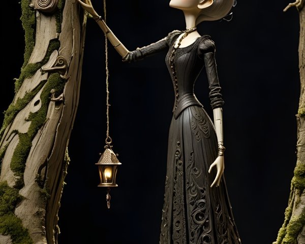 Whimsical Figure in Black Gown Among Gnarled Trees