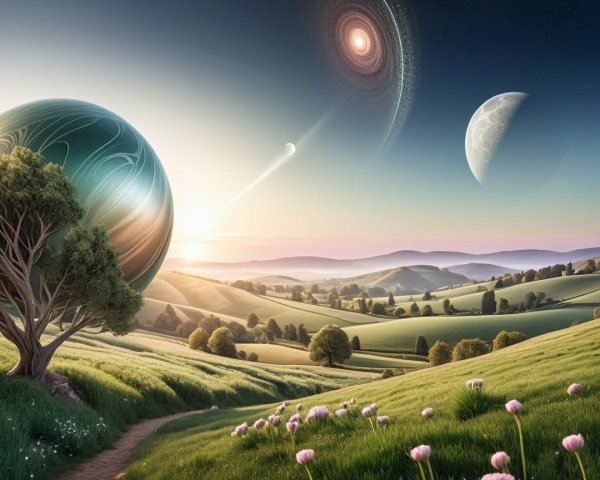 Serene landscape with hills, flowers, and galaxies