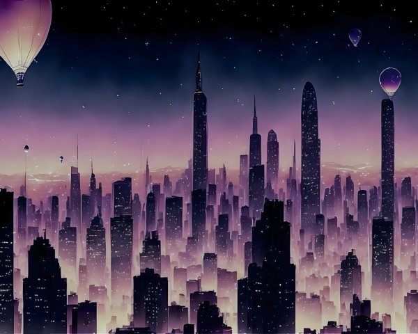 Twilight Cityscape with Skyscrapers and Hot Air Balloons