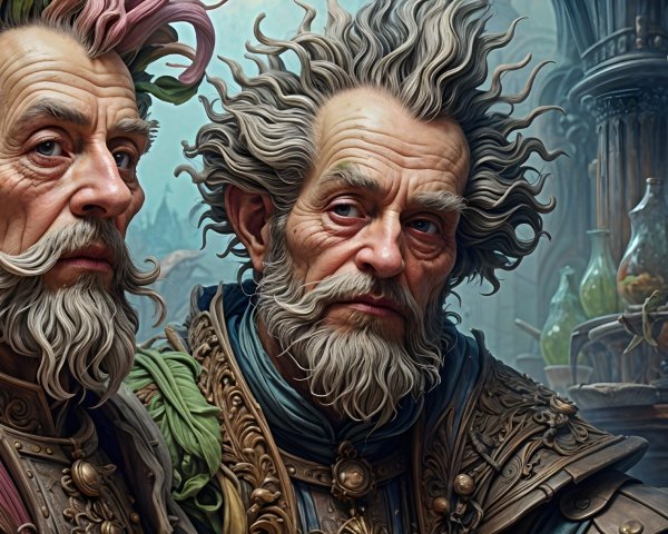 Elderly Men in Ornate Attire in a Whimsical Setting