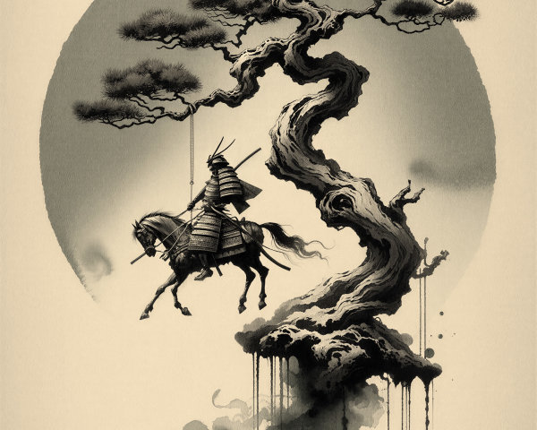 Samurai on Horseback Silhouetted by Ethereal Moon