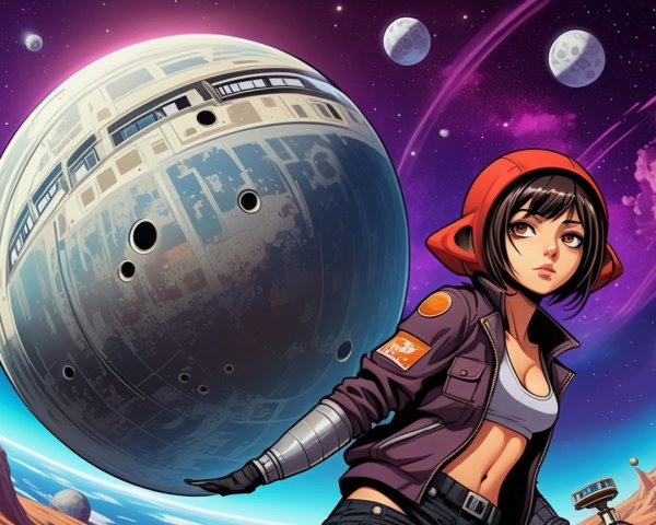 Futuristic Scene of a Young Woman in Cosmic Setting