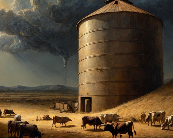 Rustic Landscape with Silos and Grazing Cows