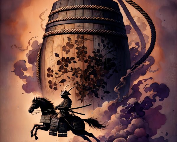 Samurai on Horseback in Misty Landscape with Barrel