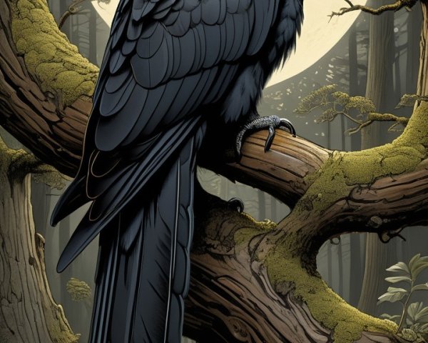 Black Parrot on Mossy Branch in Shadowy Forest