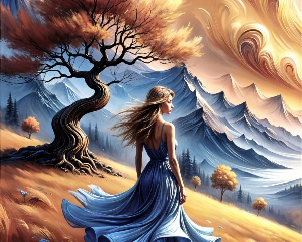 Serene landscape with a woman in a blue dress