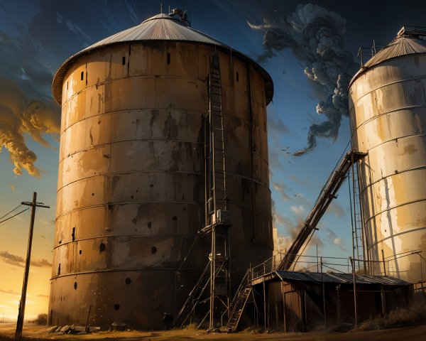 Weathered Silos Against Dramatic Sunset Sky