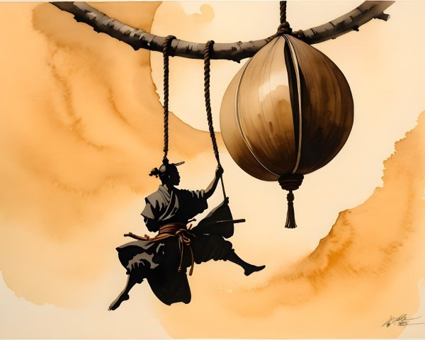 Silhouette of a Figure in Traditional Attire Climbing a Tree