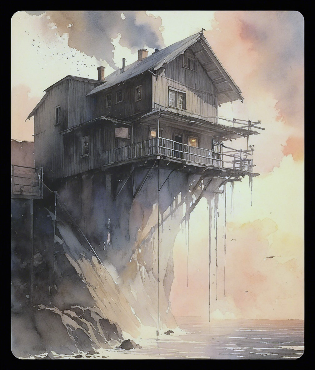 Whimsical Watercolor of a Cliffside Wooden House