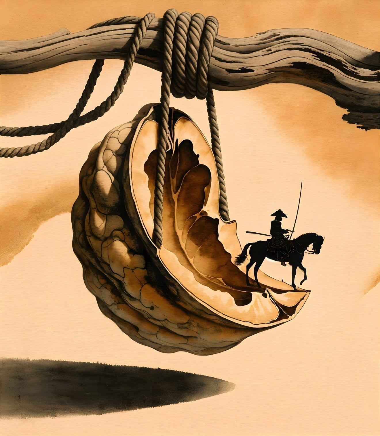 Giant Walnut Shell with Horseman Against Sepia Background