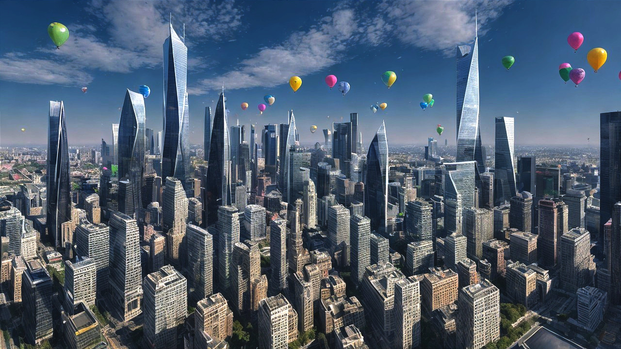 Vibrant City Skyline with Colorful Balloons and Clouds