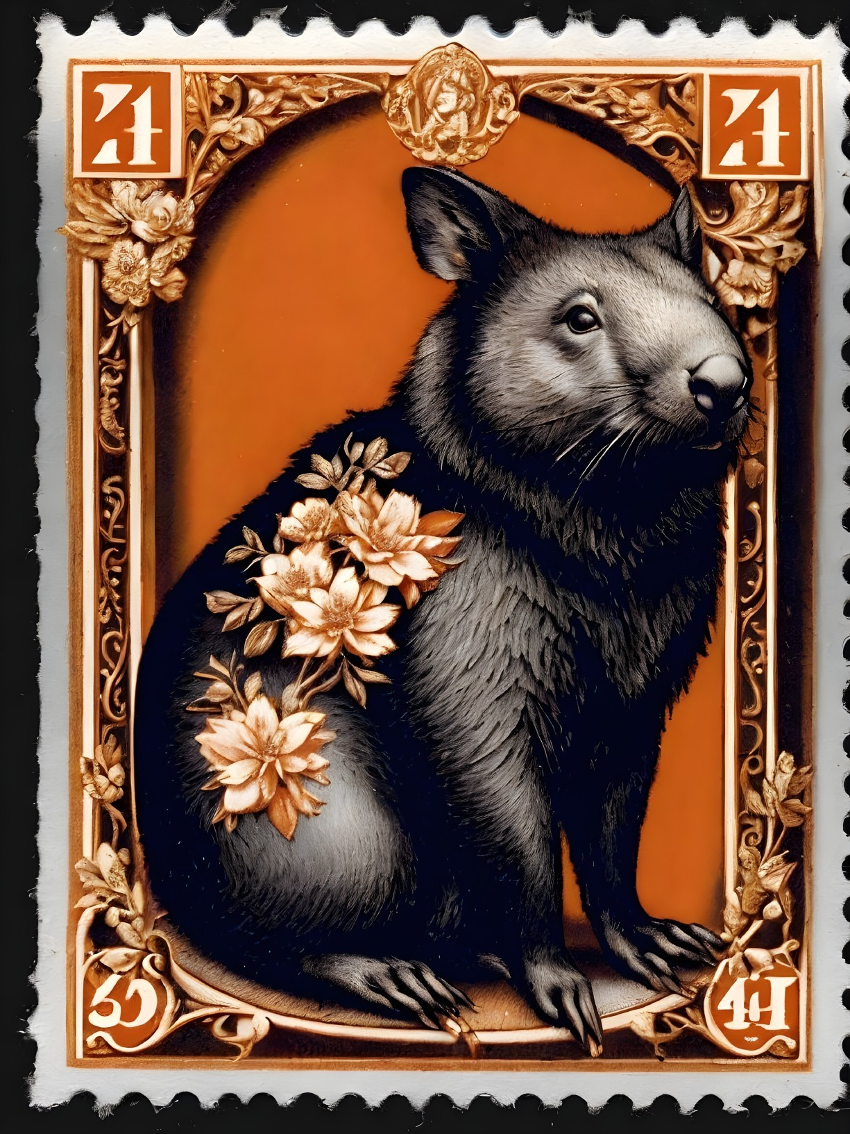 Stylized Wombat Illustration in Ornate Floral Frame