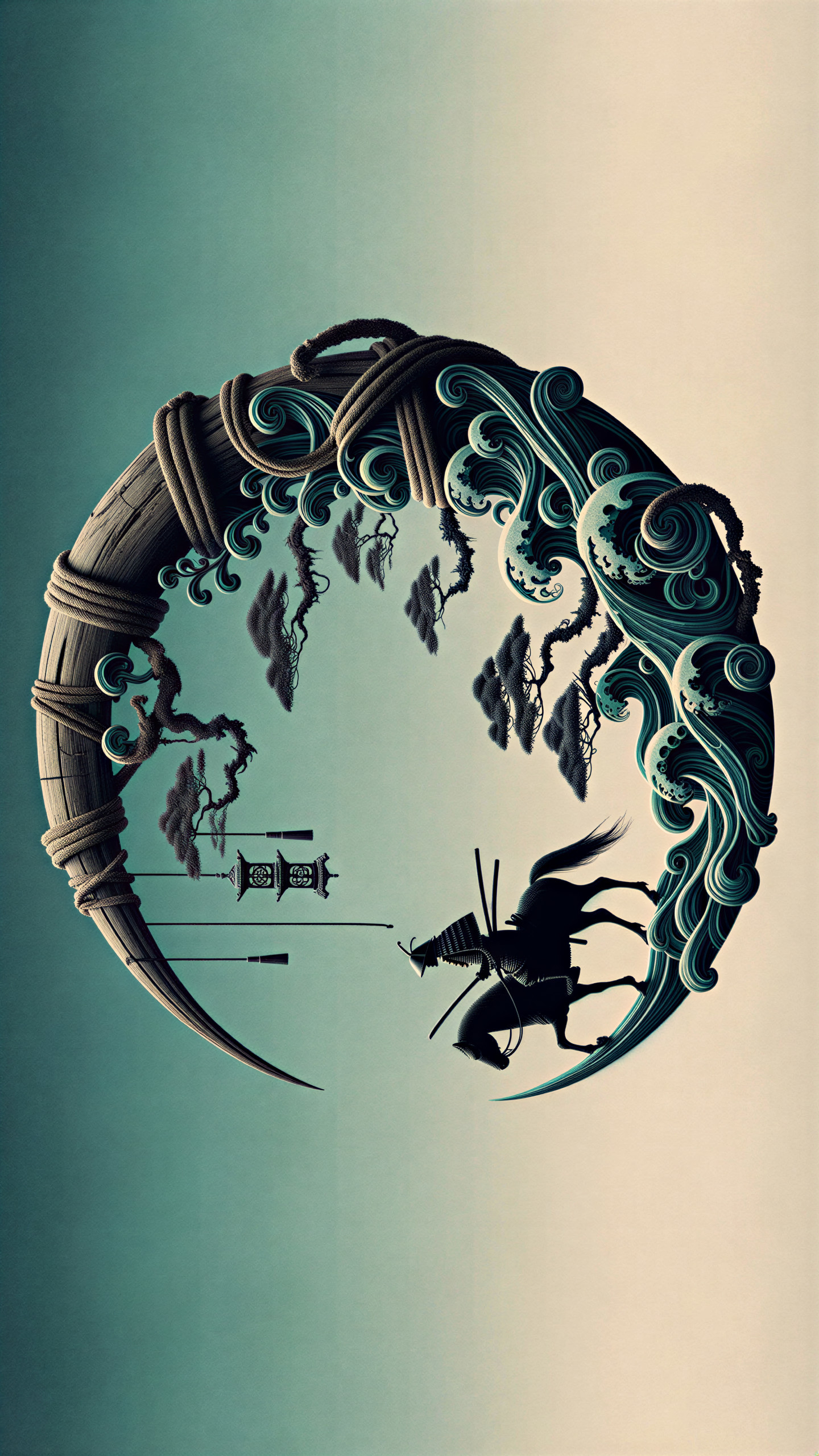 Knight on Horseback with Abstract Crescent Background