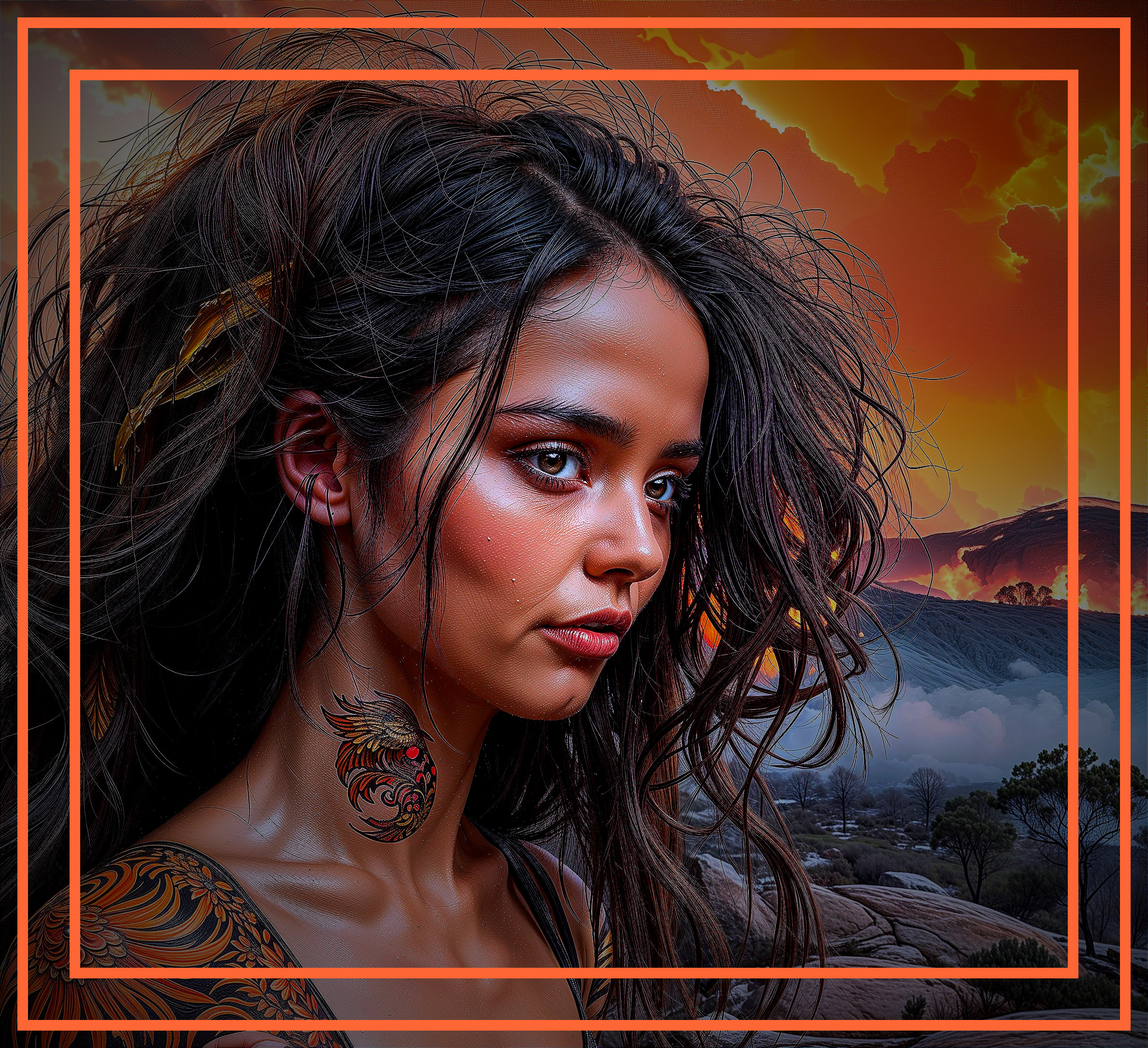 Close-up of a woman with wild hair and dragon tattoo