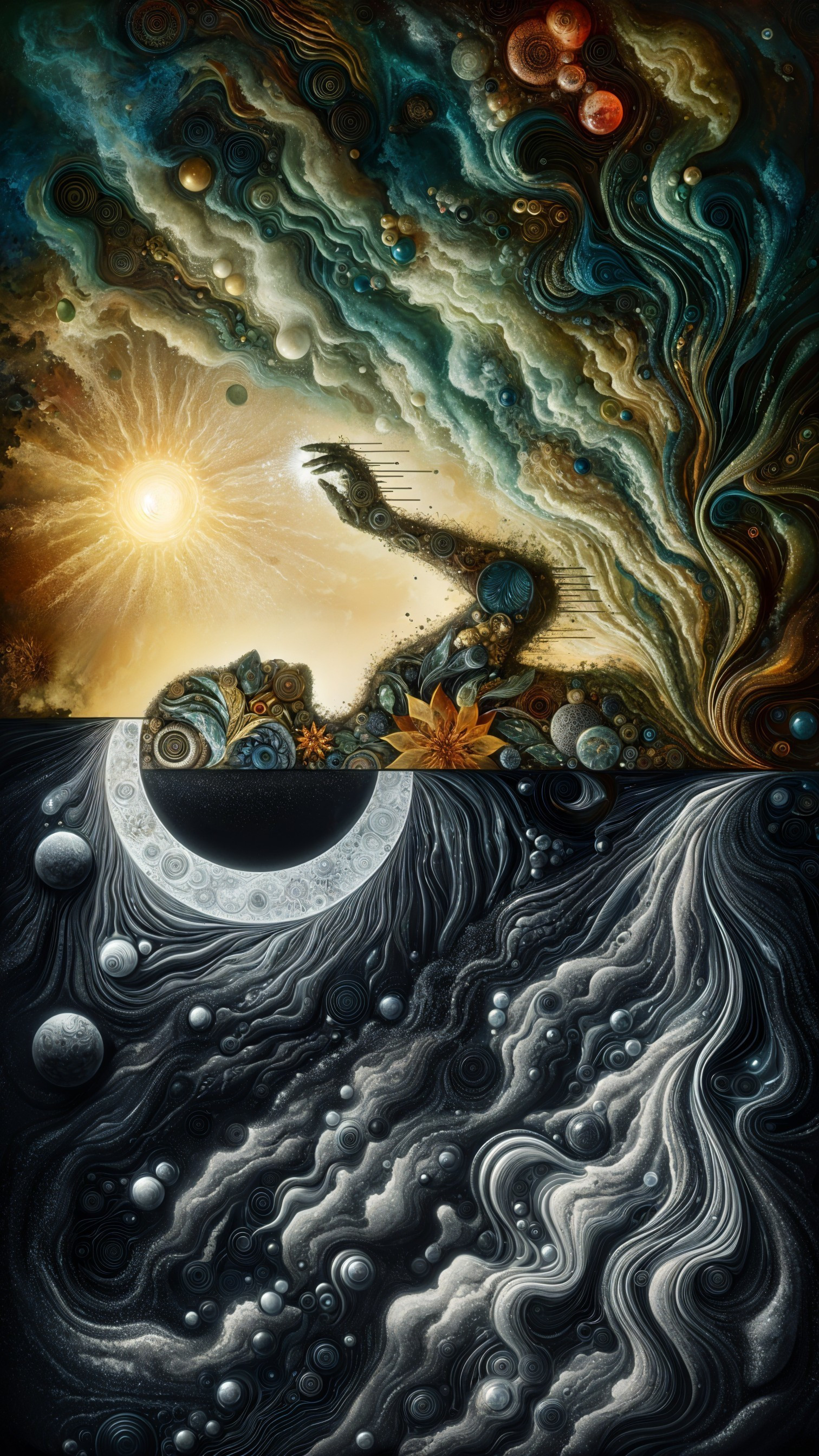 Cosmic Scene with Vibrant and Monochrome Elements