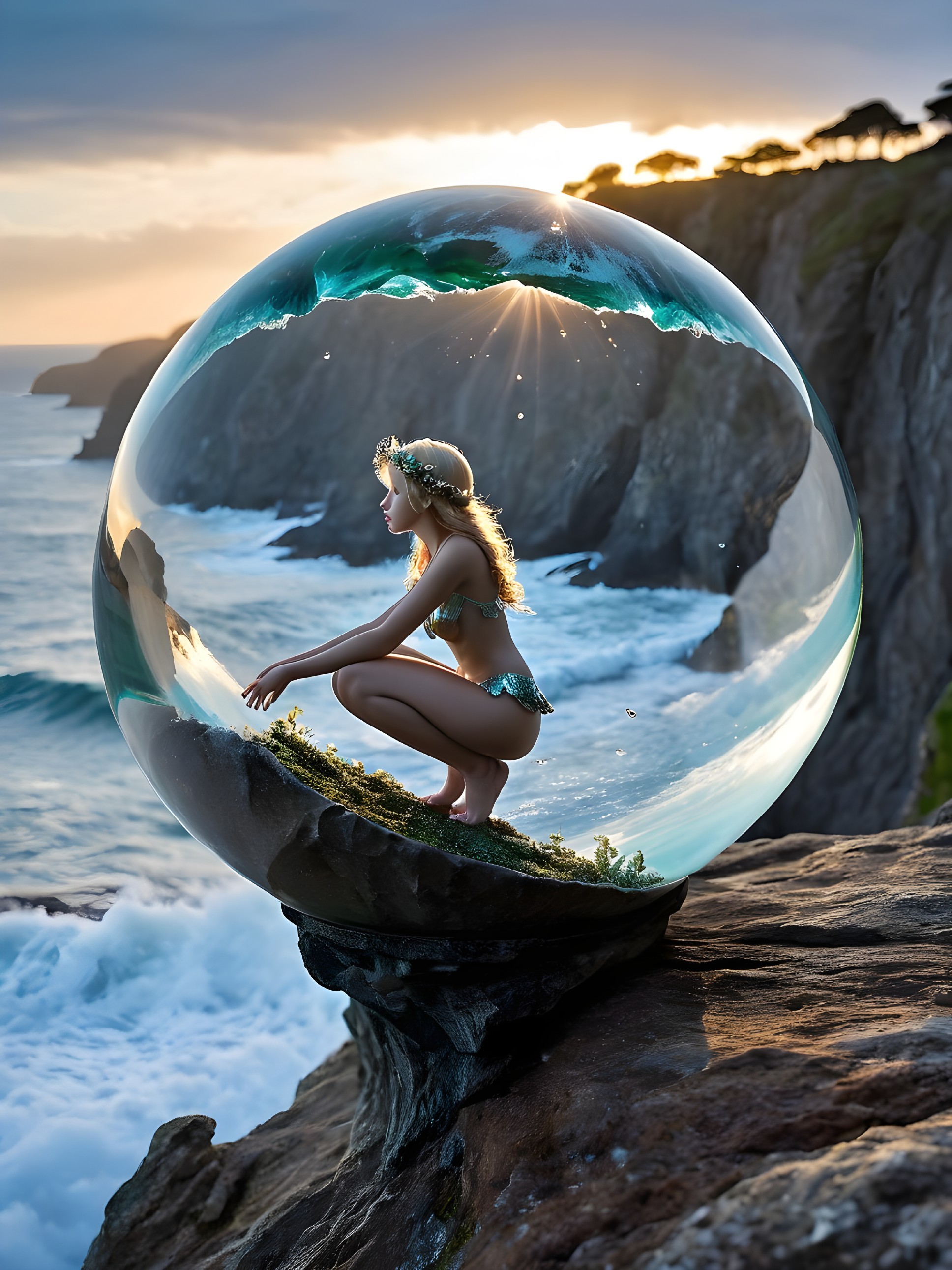 Young girl in a sphere against a coastal sunset scene