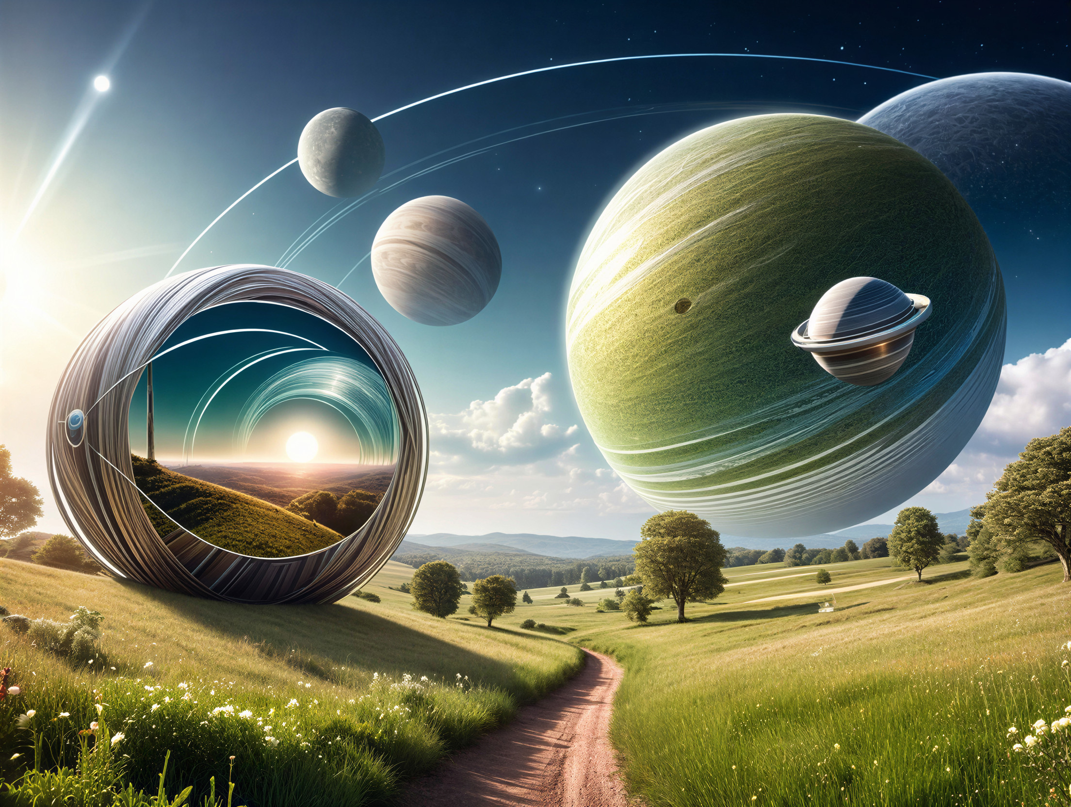 Serene Landscape with Cosmic Elements and Wildflowers