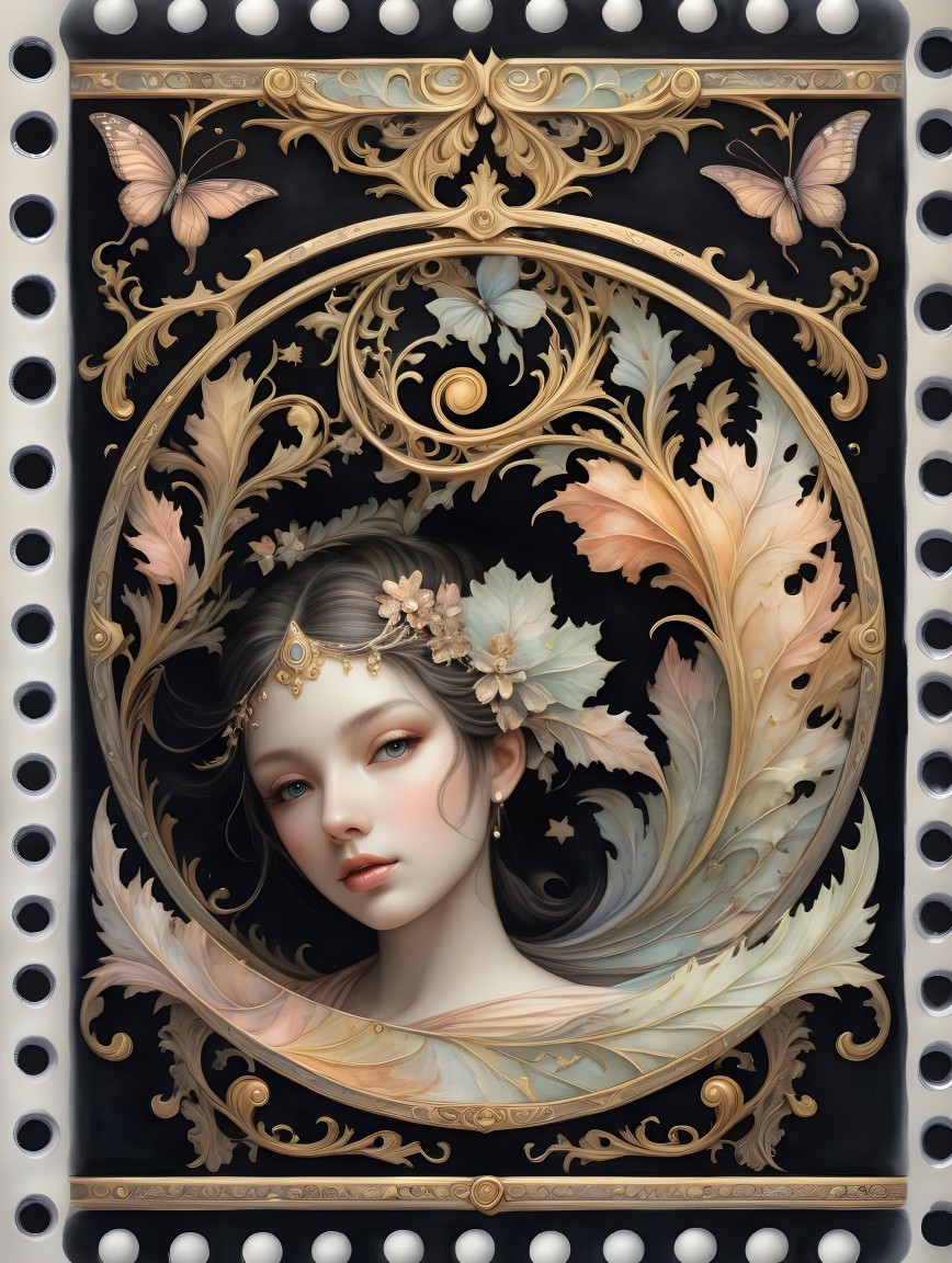 Serene Young Woman Surrounded by Leaves and Butterflies