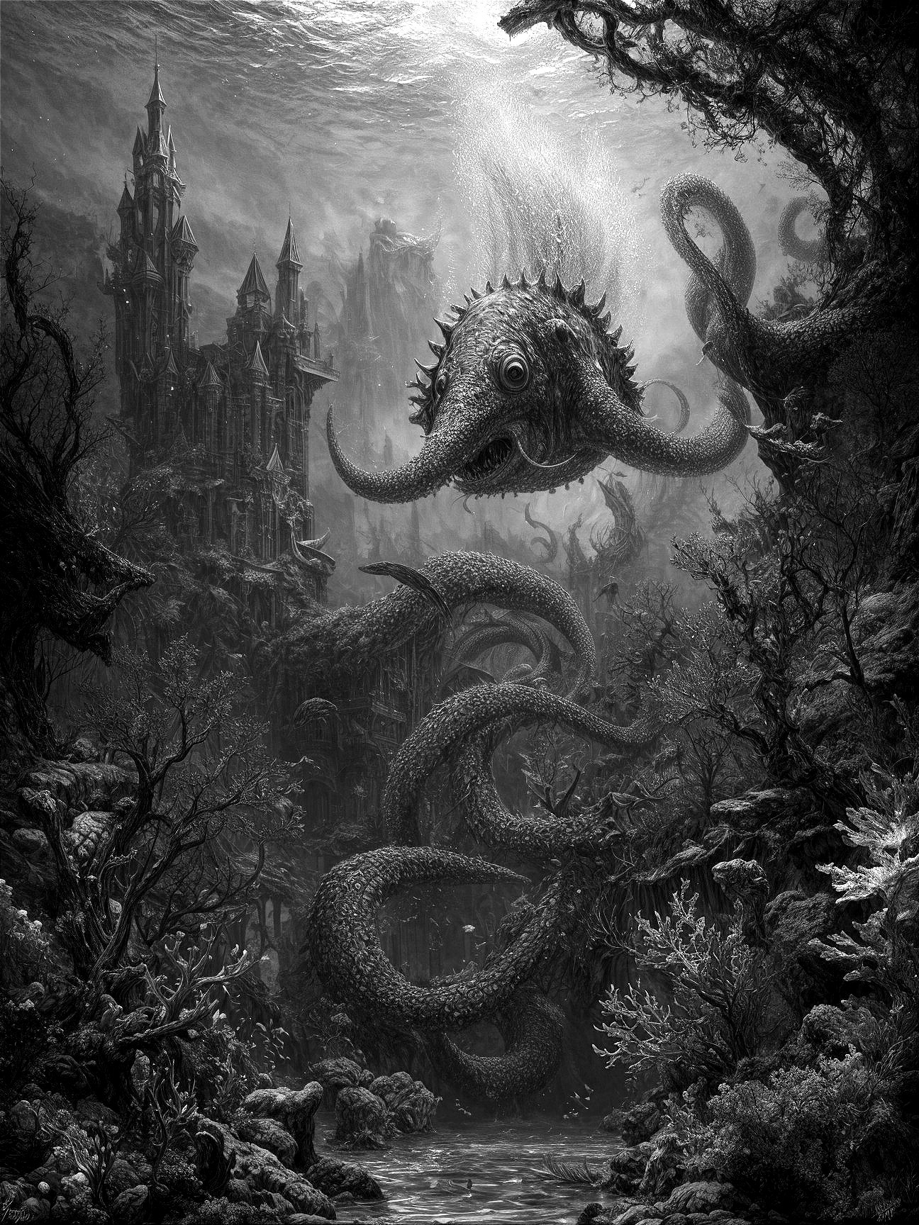 Monochrome Underwater Scene with Colossal Sea Creature