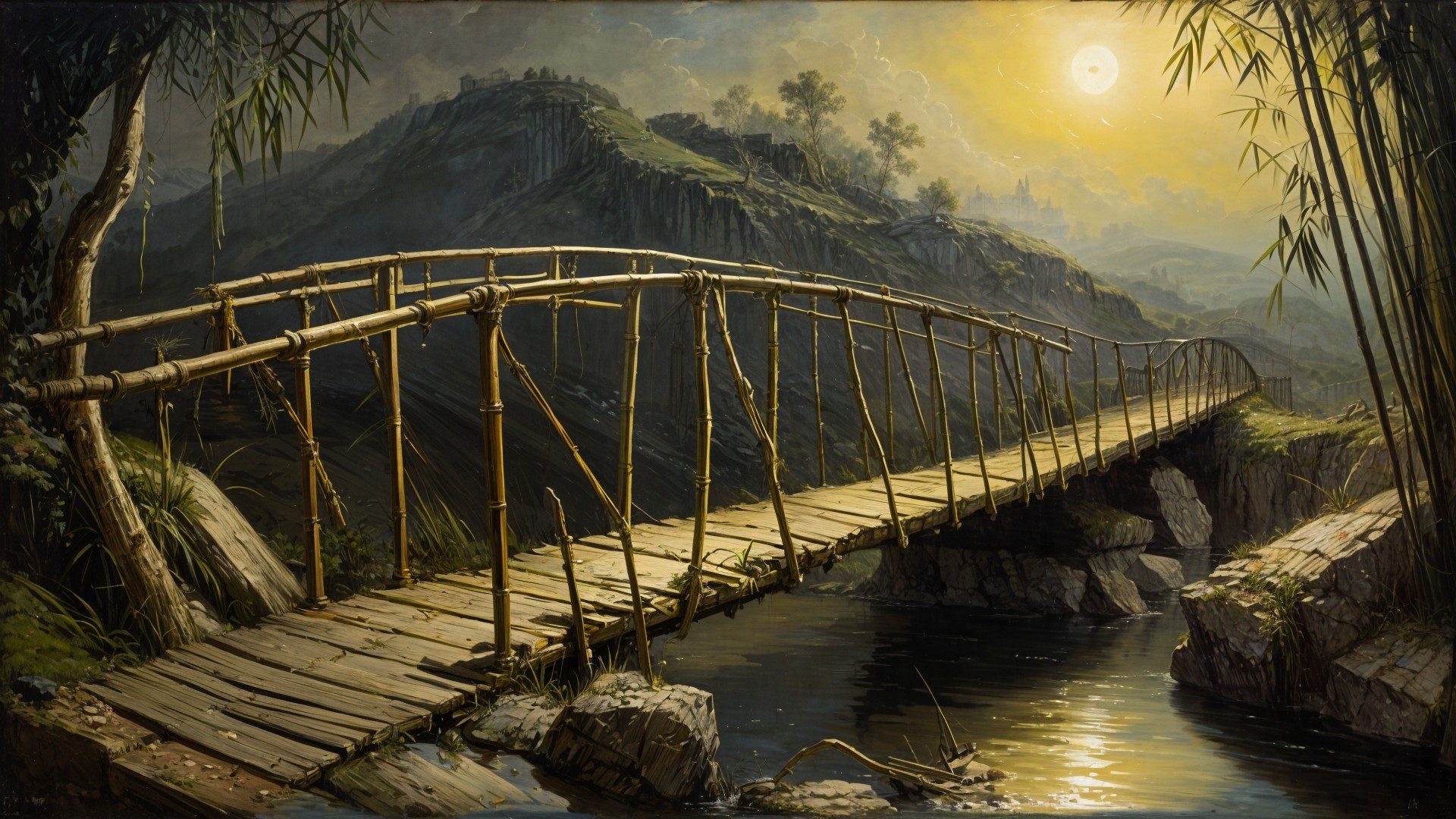 Serene Landscape with Bamboo Bridge Over Calm River