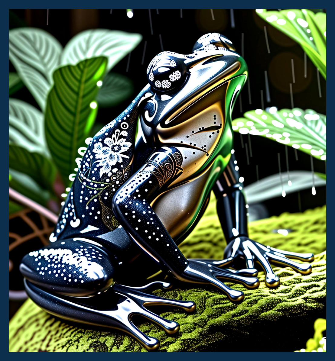 Black Frog with White Floral Patterns on Green Leaf