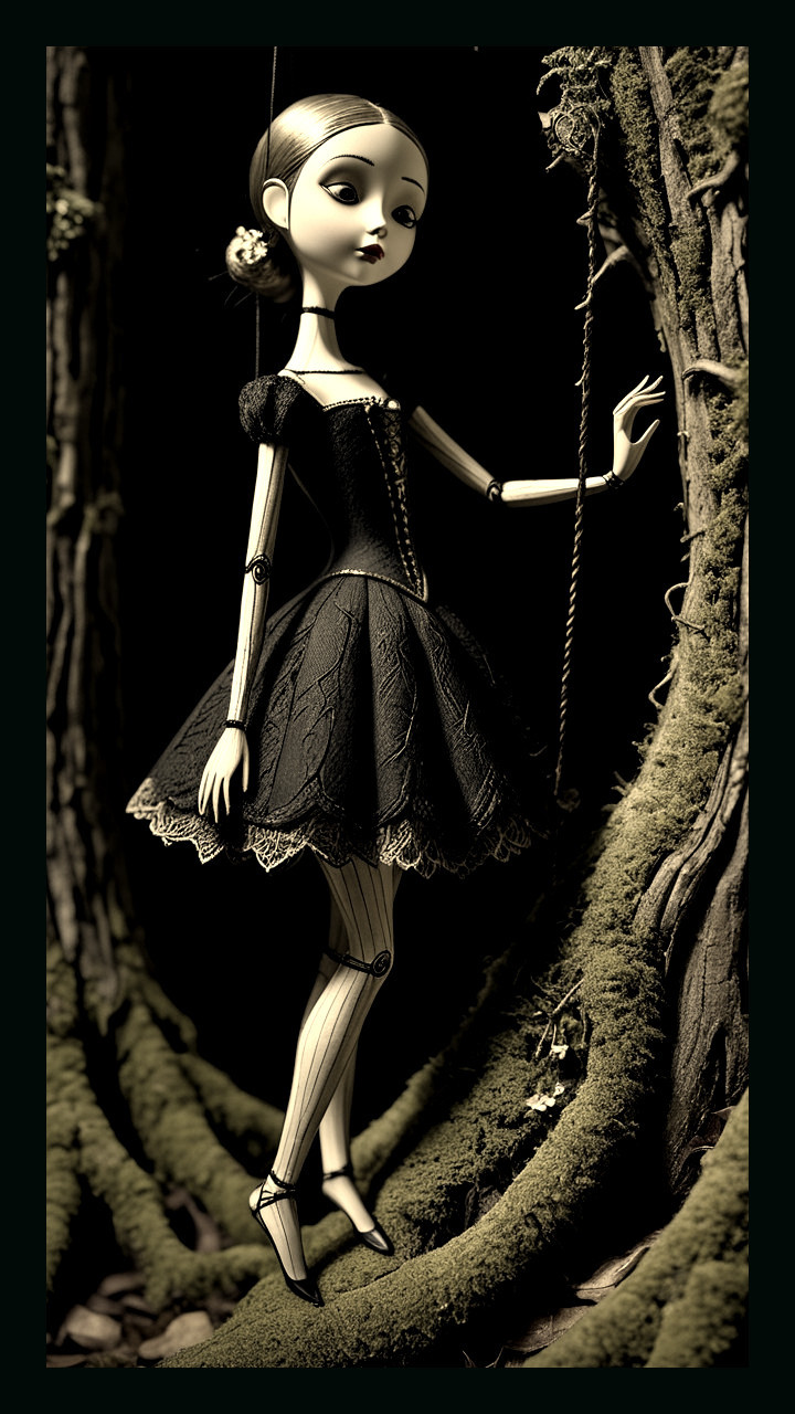 Porcelain-like doll in black dress with eerie backdrop