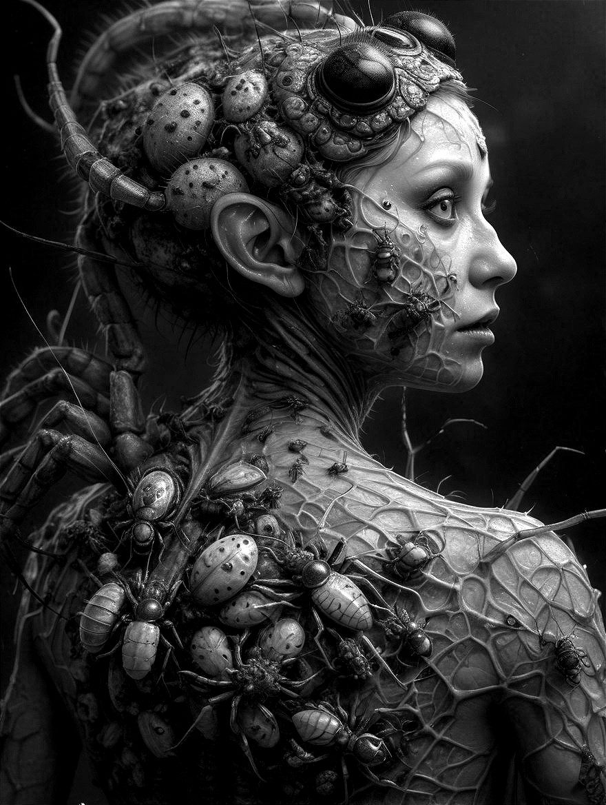 Surreal Black-and-White Portrait of Female Figure with Insects
