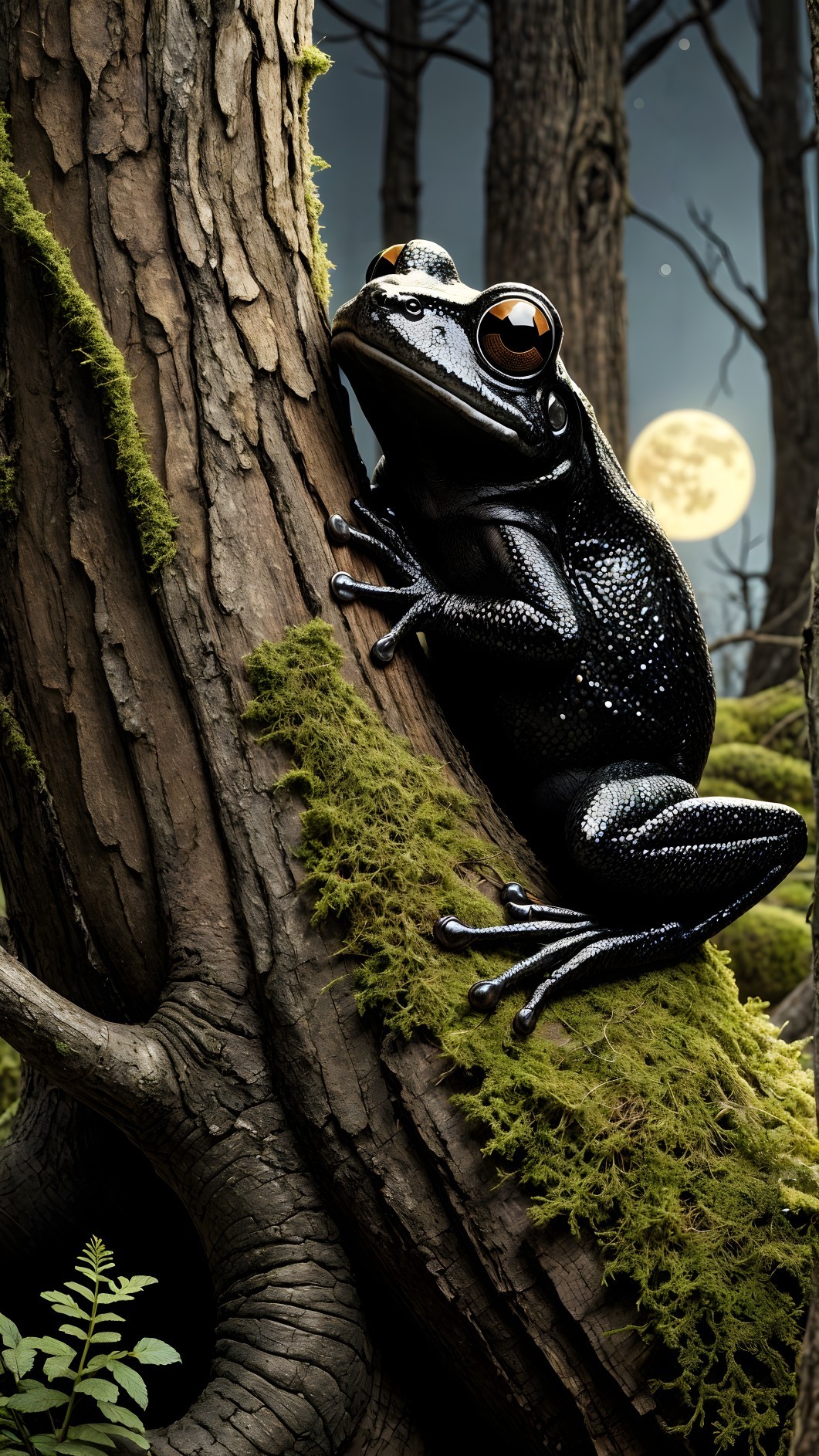 Black Frog on Mossy Tree Trunk in Enchanted Forest