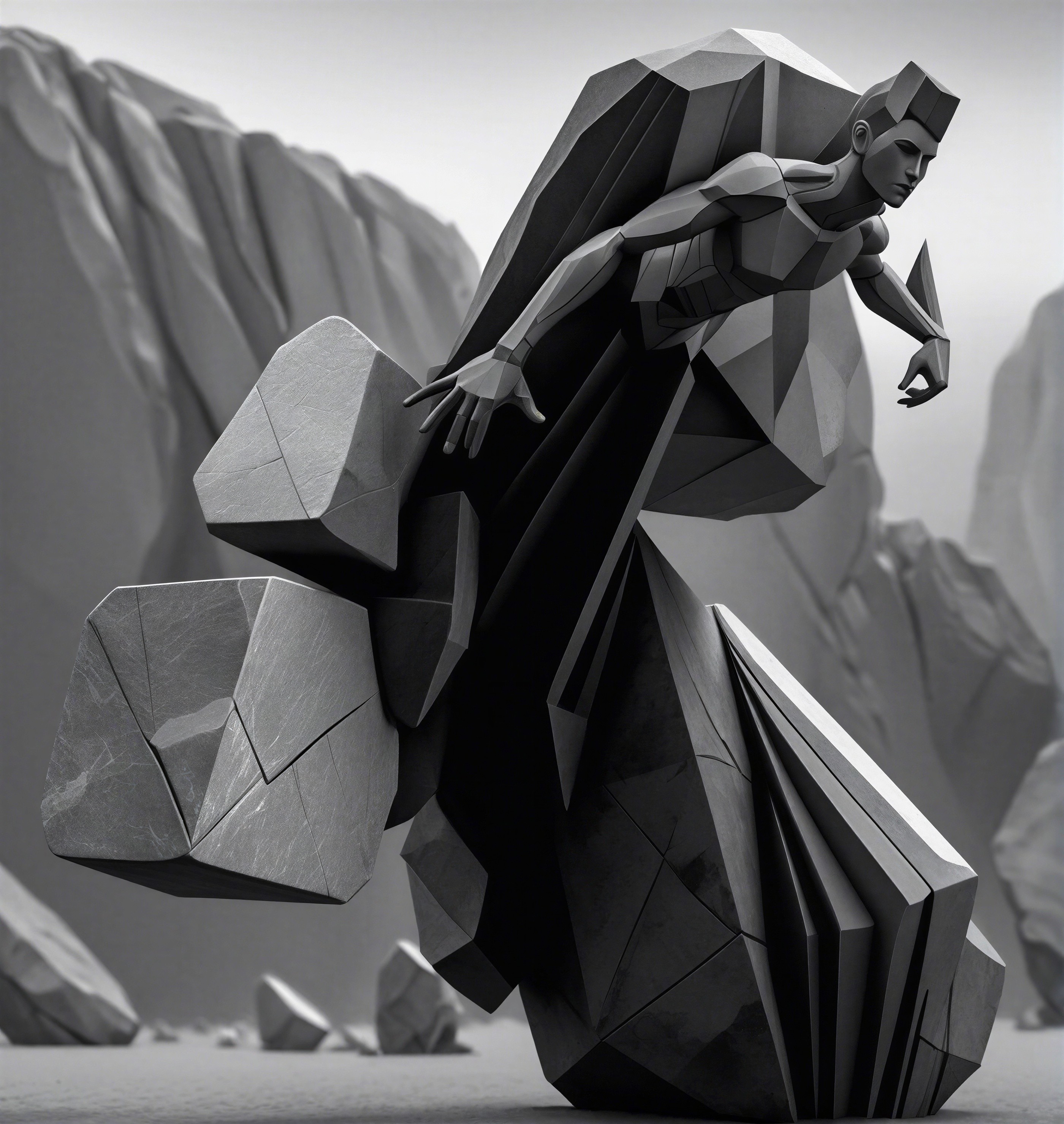 Stylized Figure Among Geometric Rocks in Monochrome